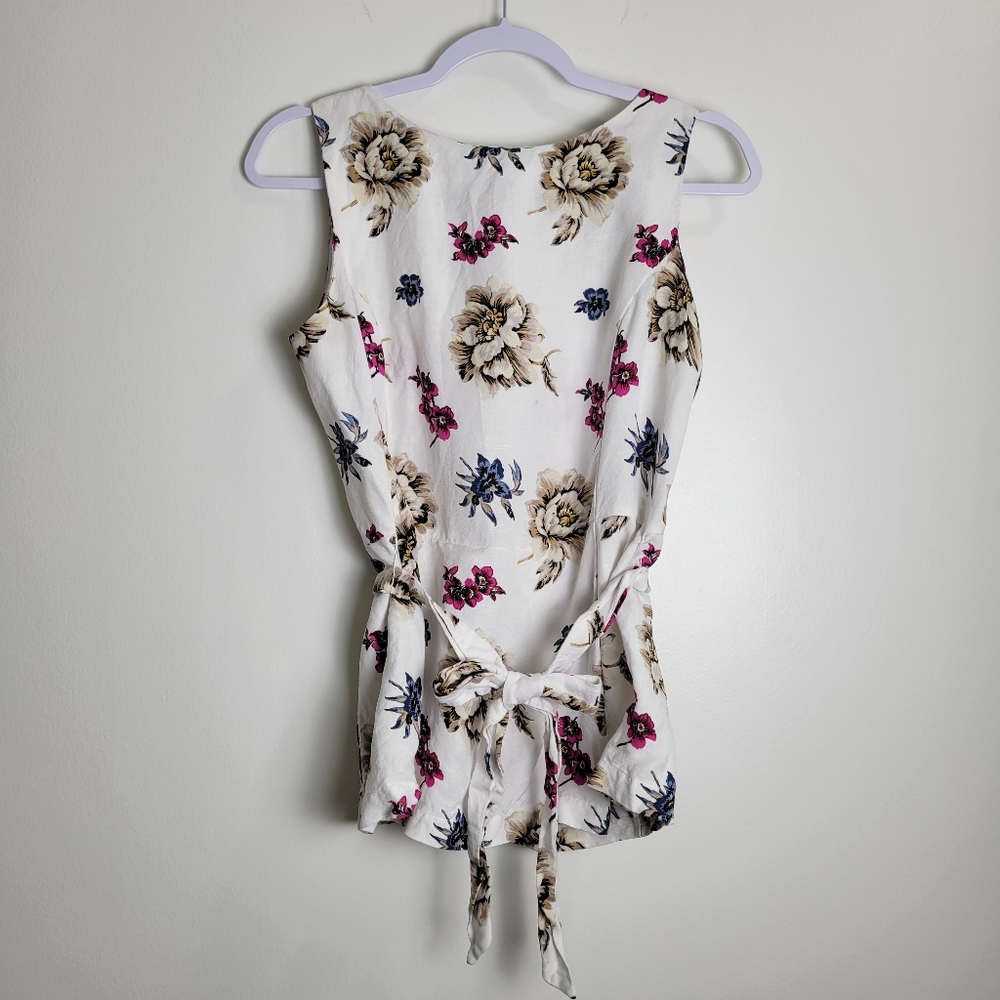 ANN TAYLOR Linen Blend Neutral Sleeveless Vintage Floral Blouse SP